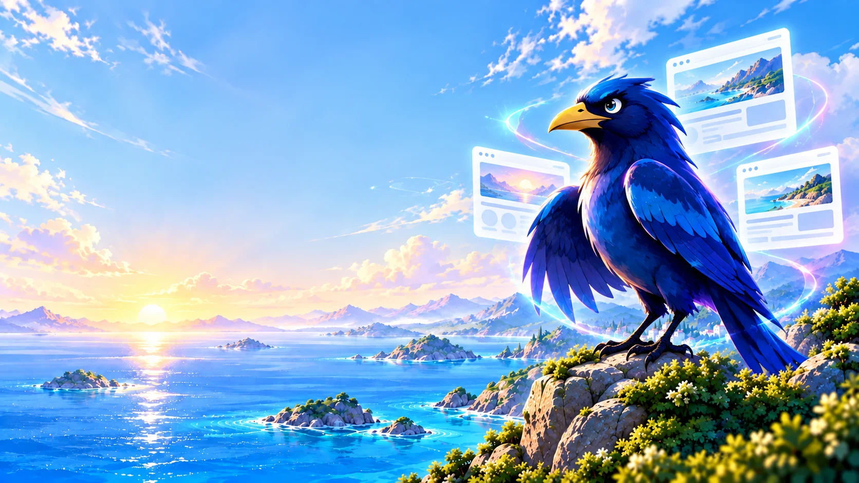 A blue rook with floating website previews overlooking the sea and mountains at sunrise