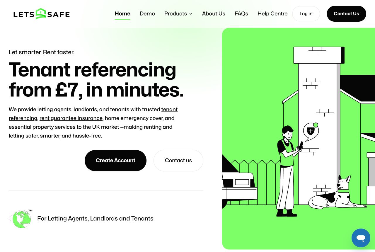 Lets Safe desktop homepage with tenant referencing services and a bright green illustration of a home.